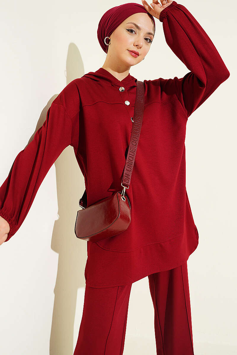 Hooded Half-Button Jersey Two-Piece Set - Burgundy