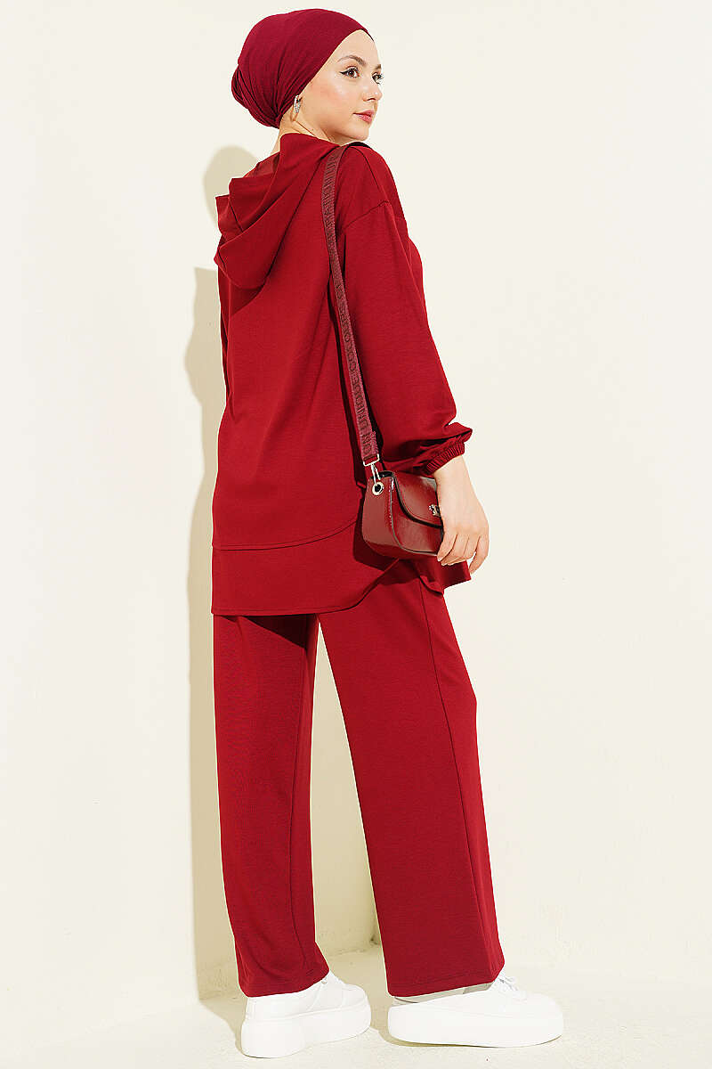 Hooded Half-Button Jersey Two-Piece Set - Burgundy