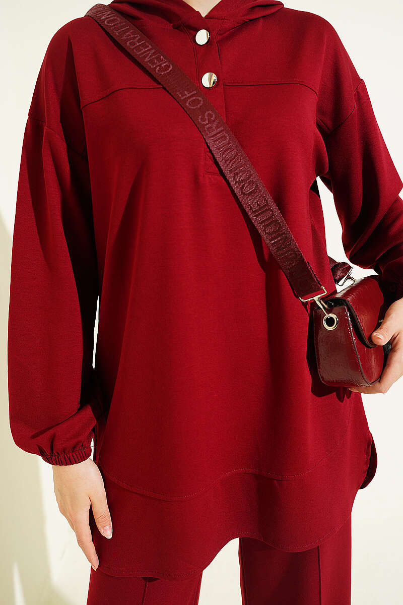 Hooded Half-Button Jersey Two-Piece Set - Burgundy