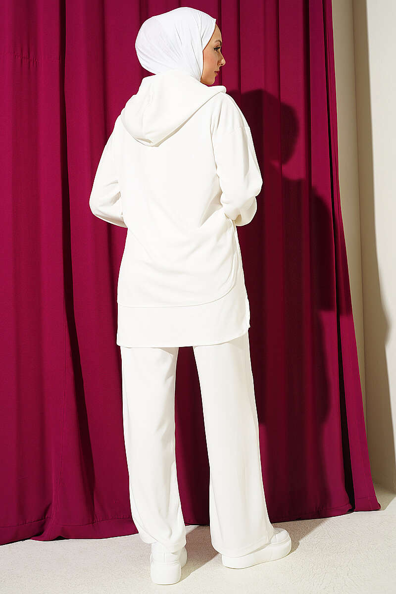 Hooded Half-Button Jersey Two-Piece Set - Ecru