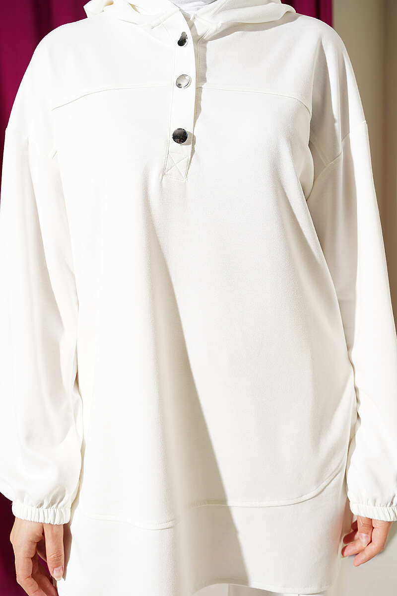 Hooded Half-Button Jersey Two-Piece Set - Ecru