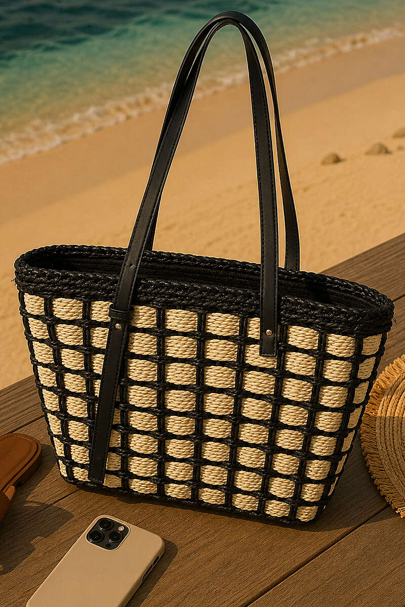 Square-Pattern Straw Shoulder Bag - Black-Beige