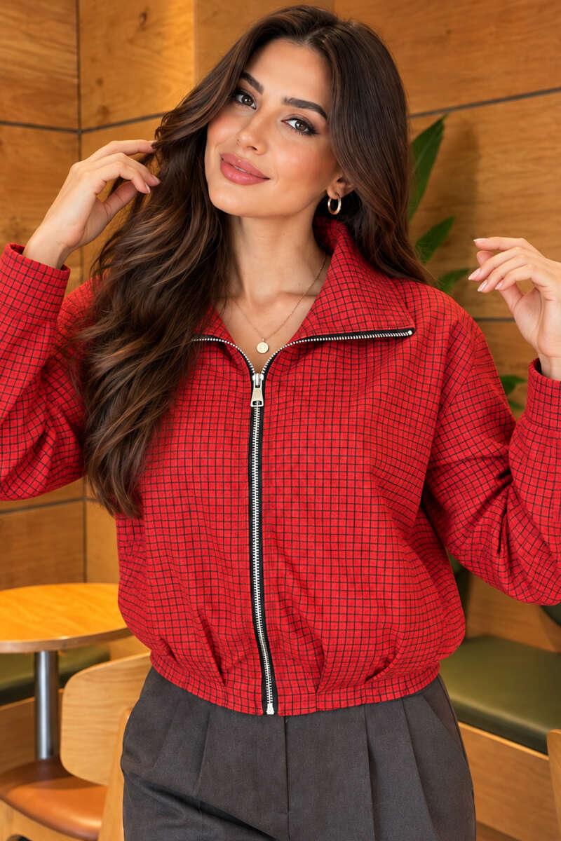 Checked Zip-Up Jacket - Red