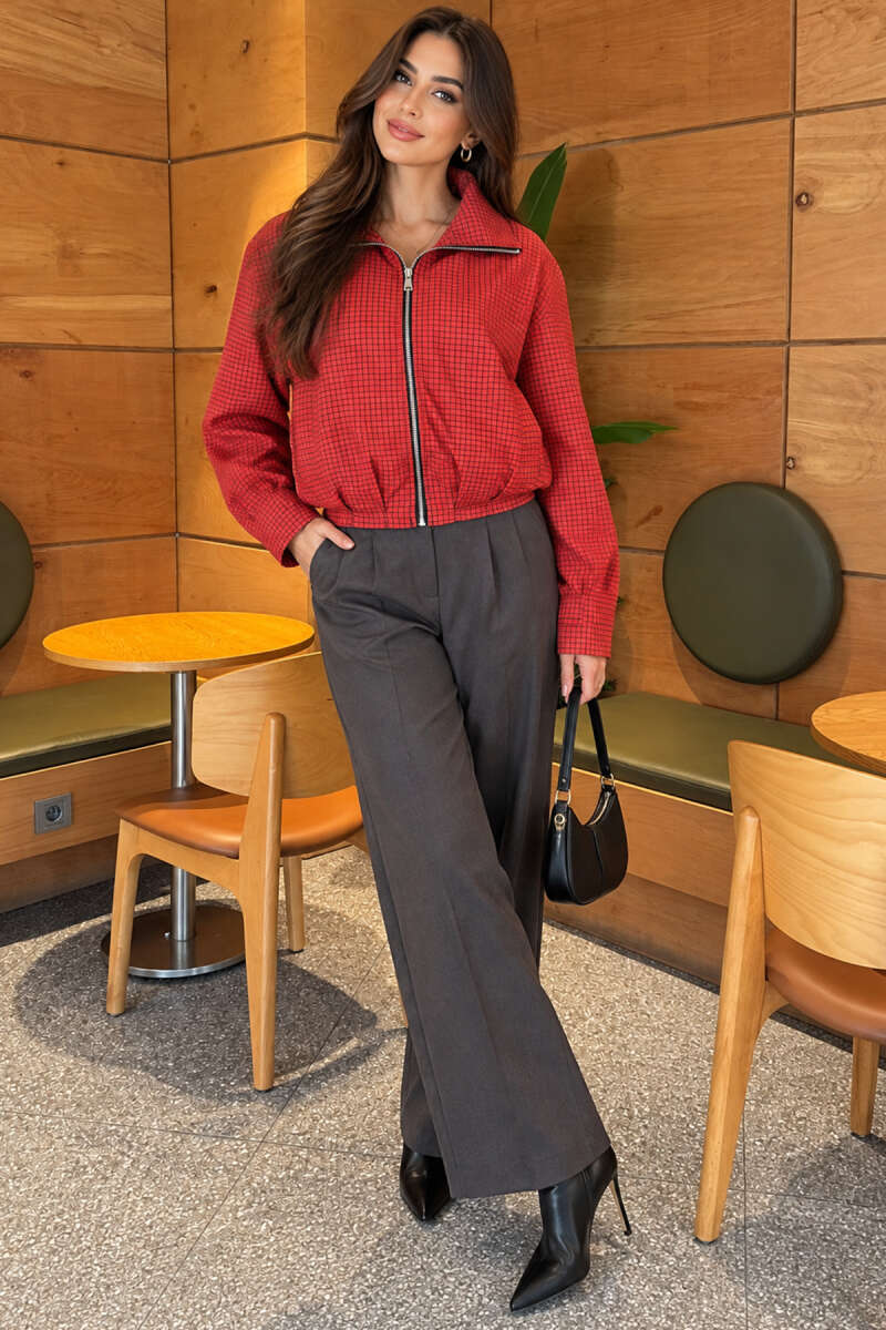 Checked Zip-Up Jacket - Red