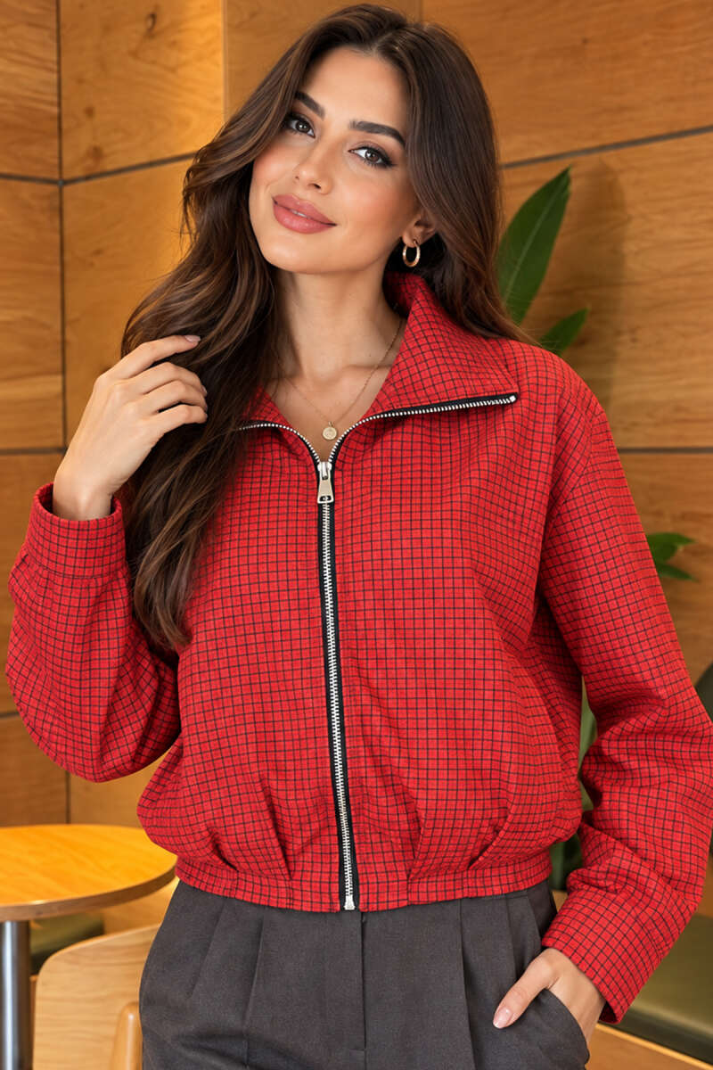 Checked Zip-Up Jacket - Red