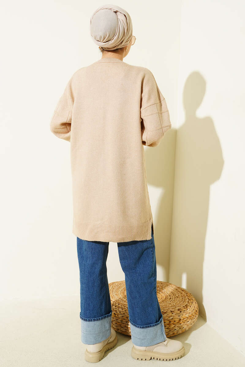 Soft Check Pattern Knit Tunic - Latte