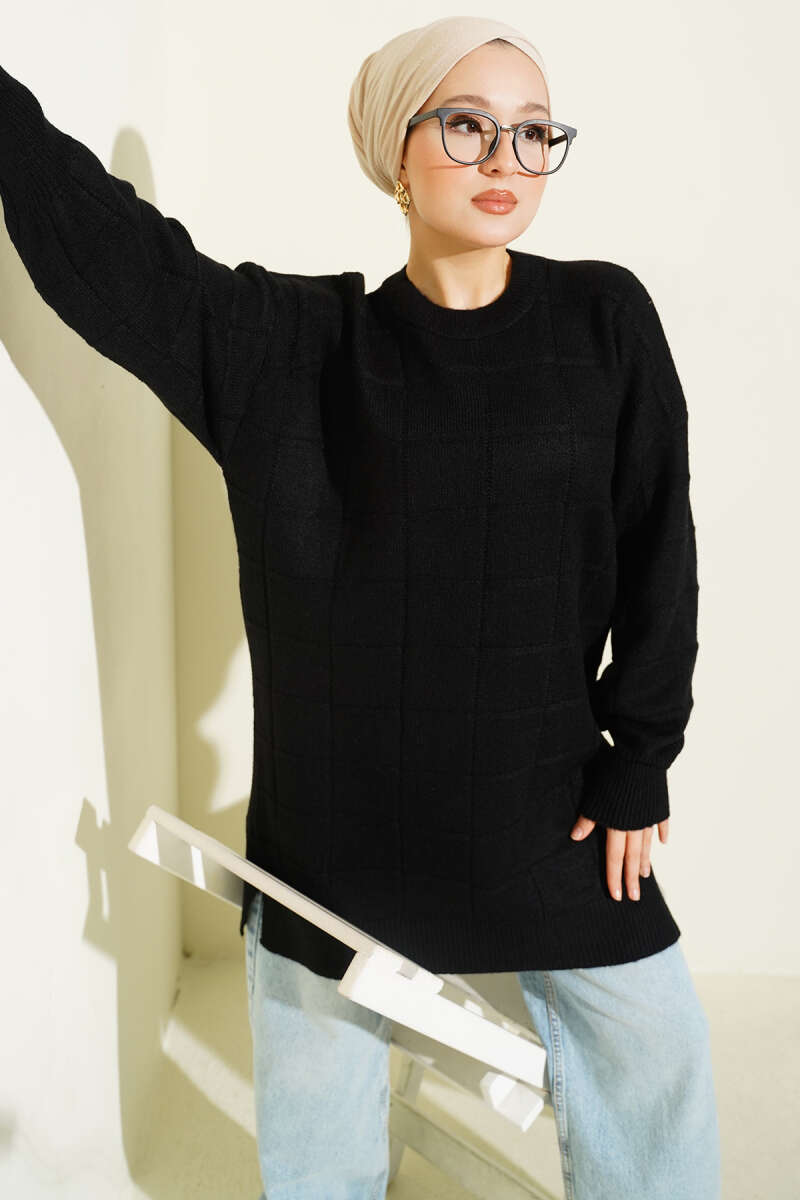 Soft Check Pattern Knit Tunic - Black