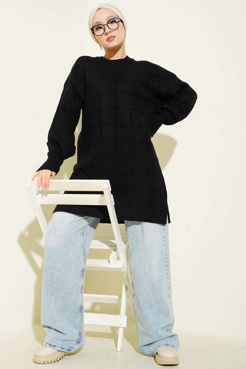Soft Check Pattern Knit Tunic - Black