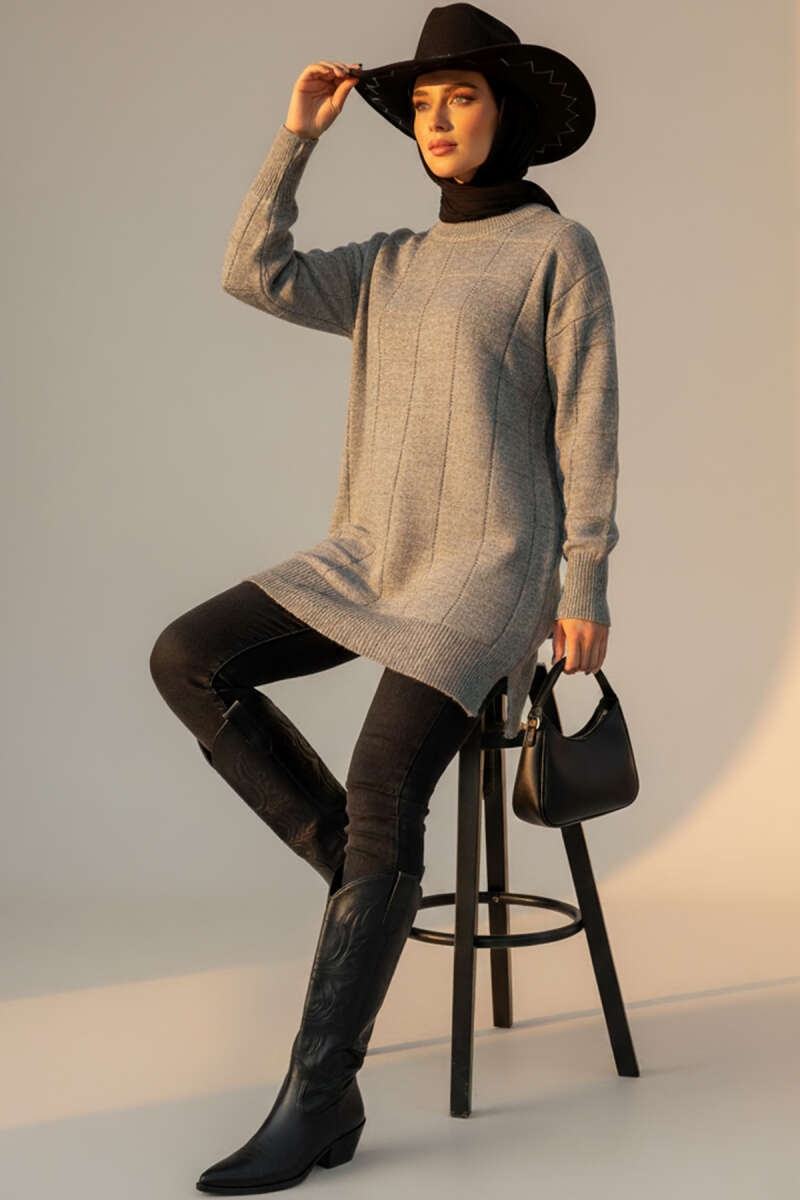 Soft Knit Tunic with Square Texture - Grey