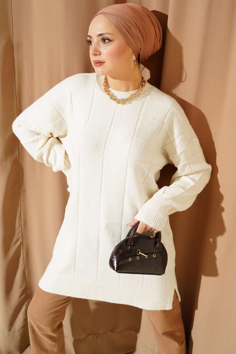 Soft Knit Tunic with Square Texture - Bone