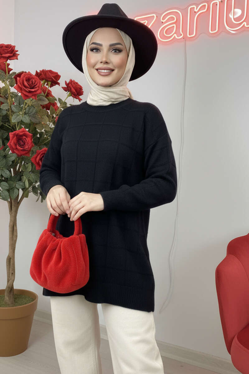 Soft Knit Tunic with Square Texture - Black