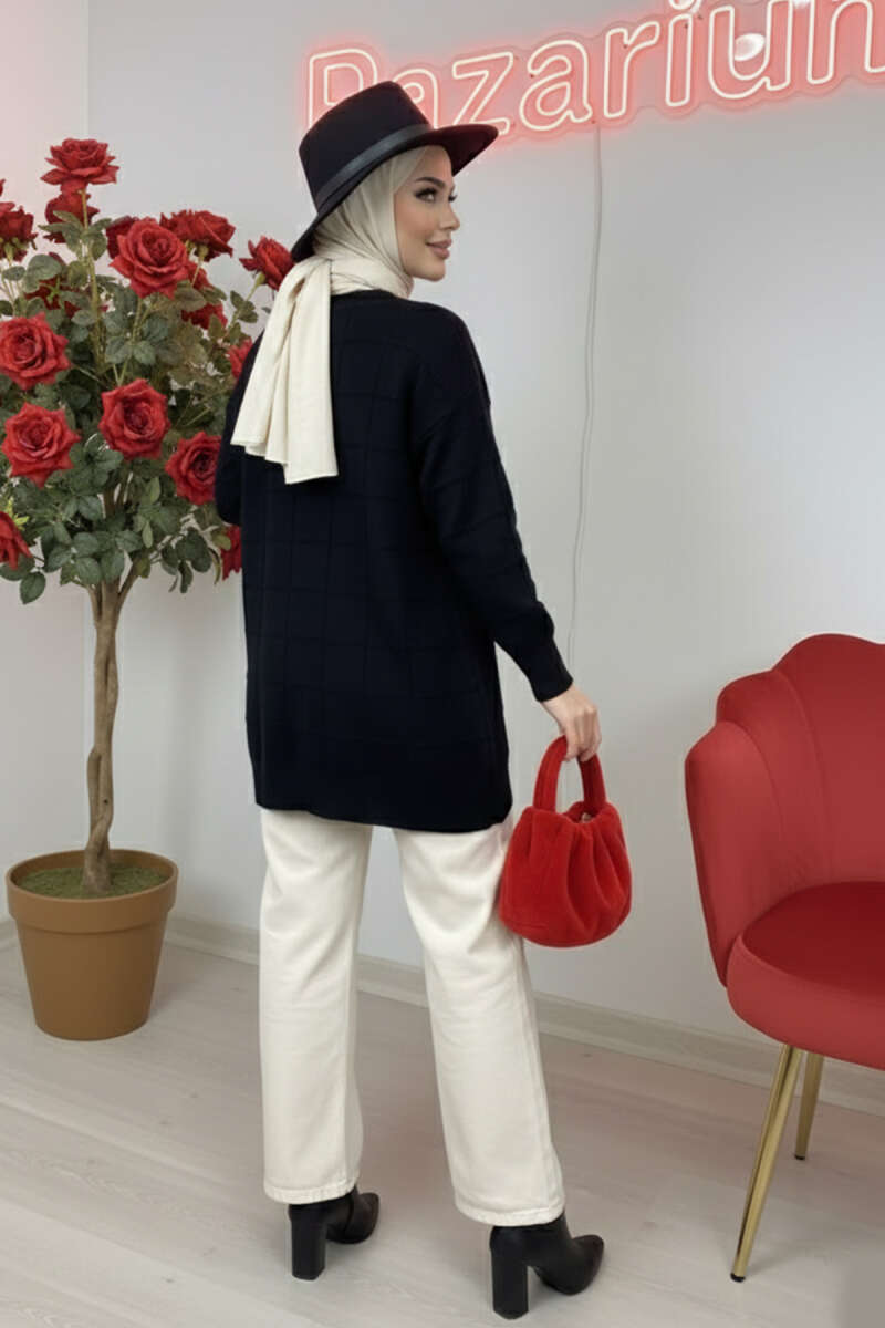Soft Knit Tunic with Square Texture - Black