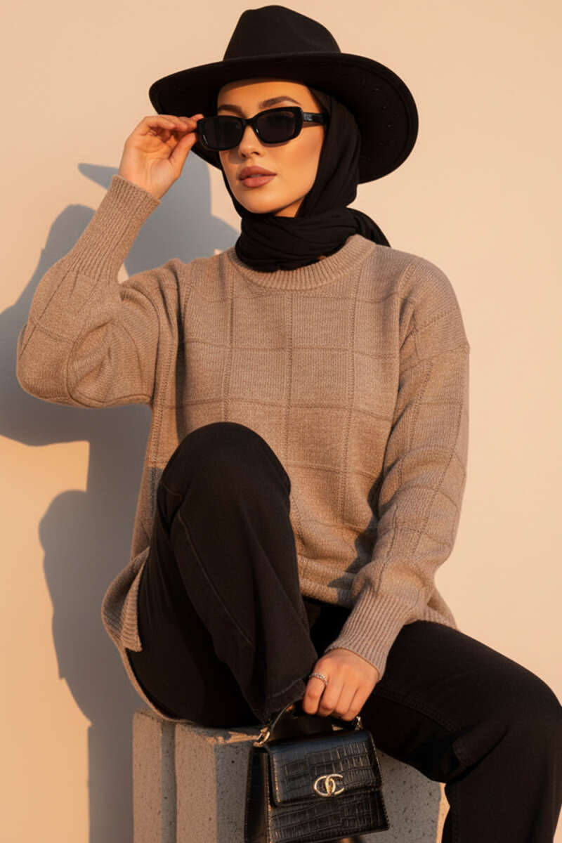 Soft Knit Tunic with Square Texture - Mink