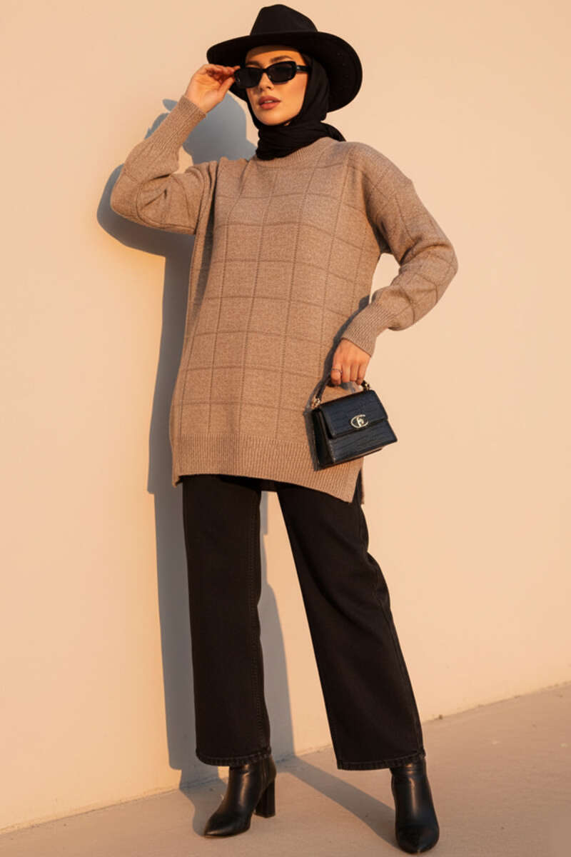 Soft Knit Tunic with Square Texture - Mink