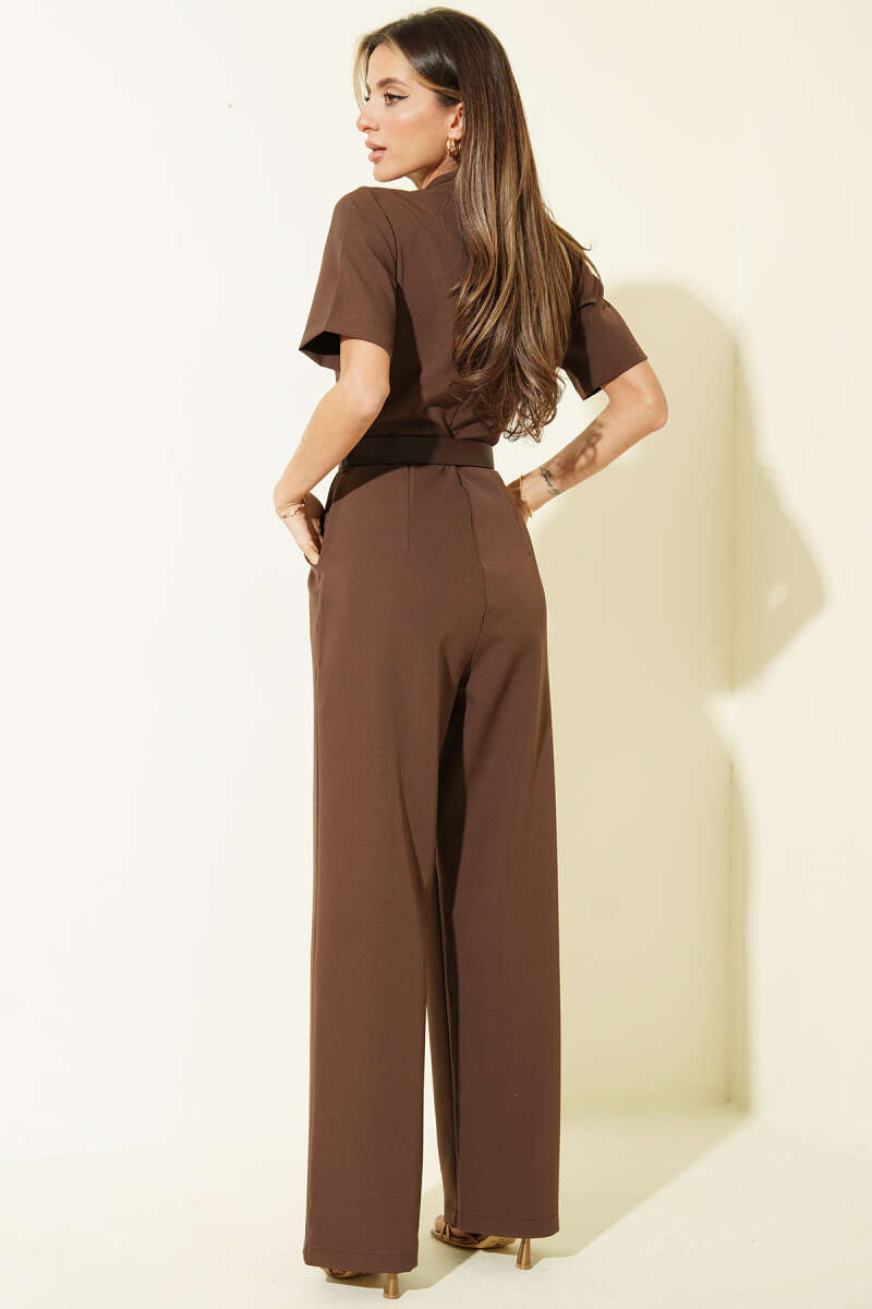 V-Neck Jumpsuit with Square Belt Buckle - Brown