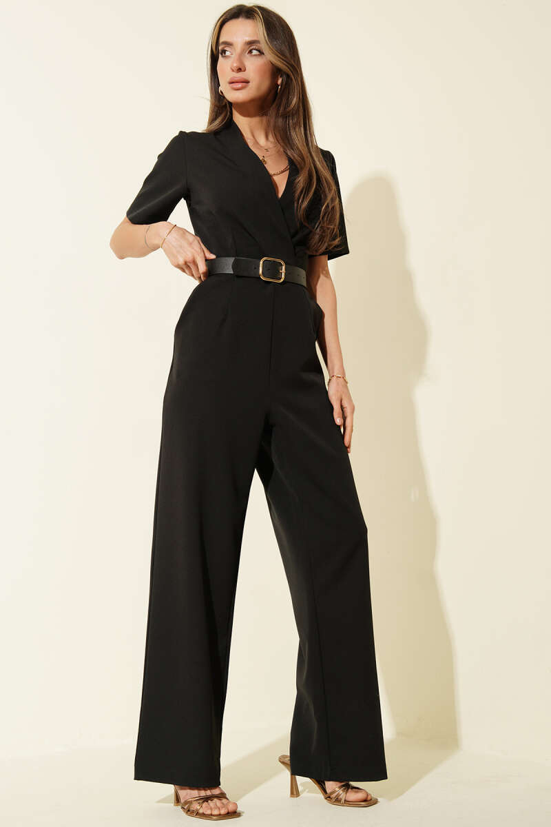 V-Neck Jumpsuit with Square Belt Buckle - Black