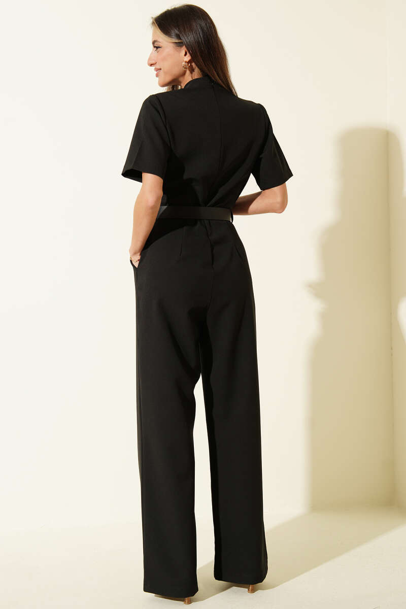V-Neck Jumpsuit with Square Belt Buckle - Black