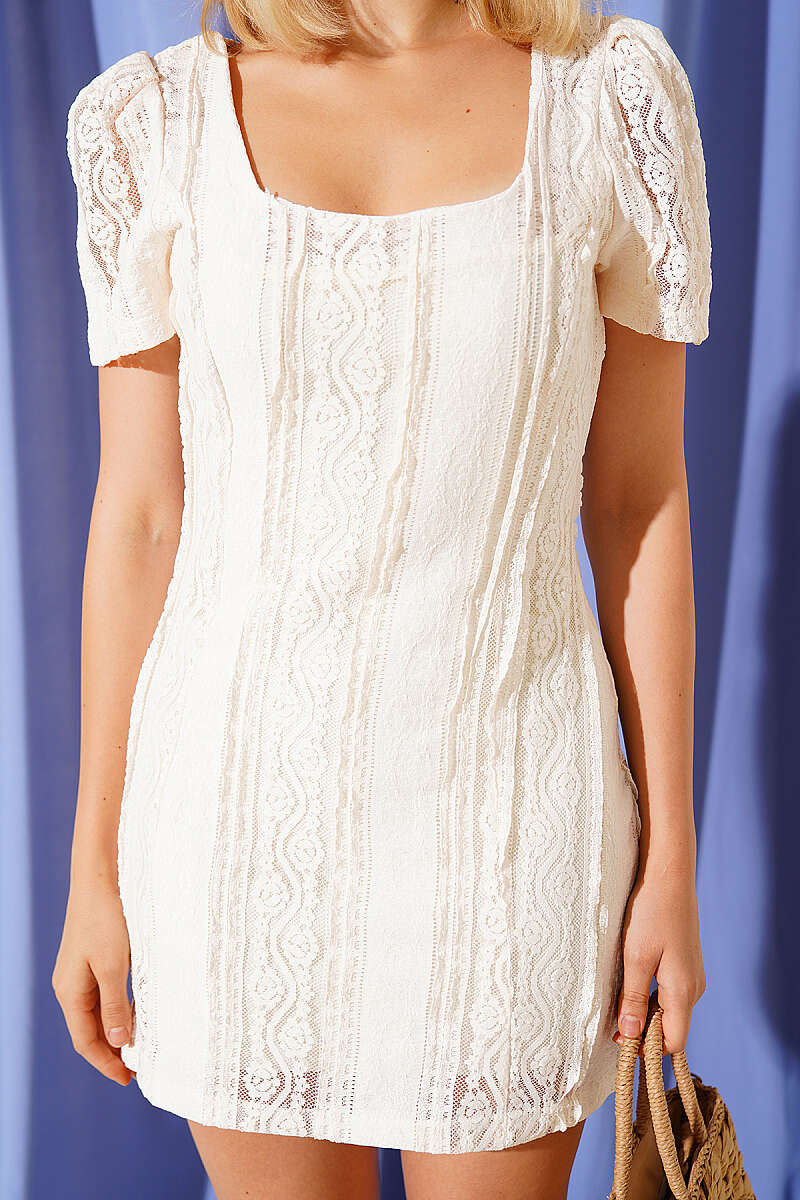 Square-Neck Lace Dress - Bone