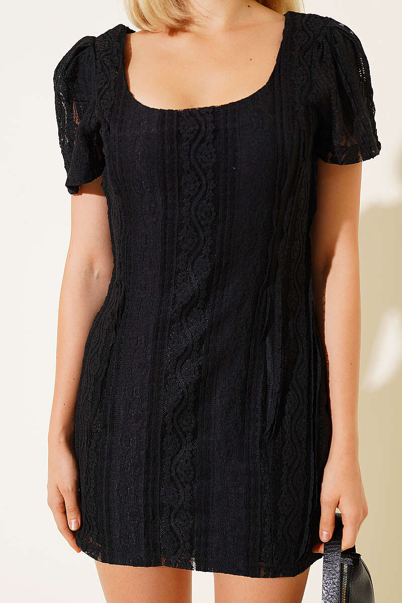 Square-Neck Lace Dress - Black