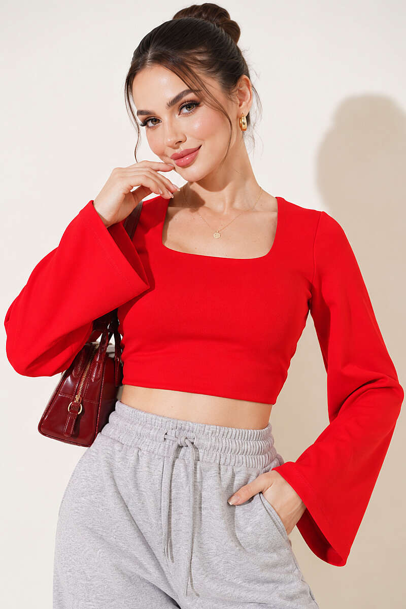 Square-Neck Wide-Sleeve Crop Top - Red