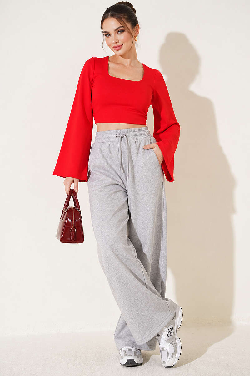 Square-Neck Wide-Sleeve Crop Top - Red