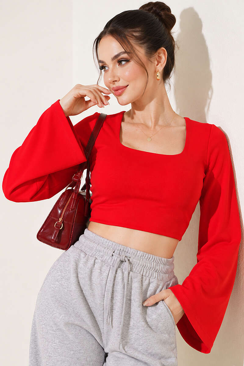 Square-Neck Wide-Sleeve Crop Top - Red