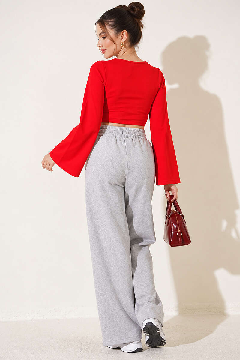 Square-Neck Wide-Sleeve Crop Top - Red