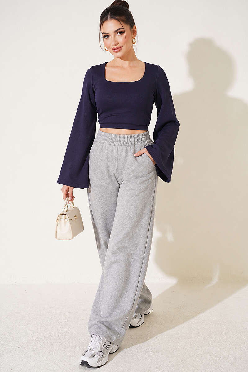 Square-Neck Wide-Sleeve Crop Top - Navy