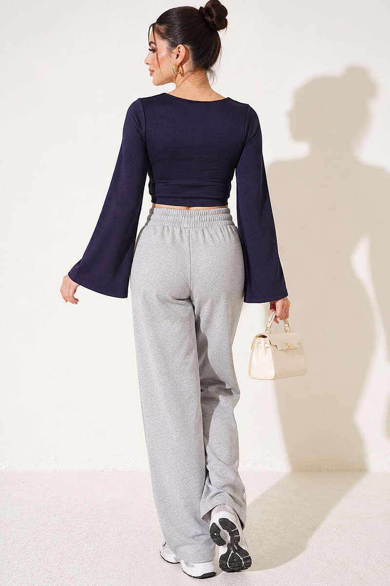 Square-Neck Wide-Sleeve Crop Top - Navy