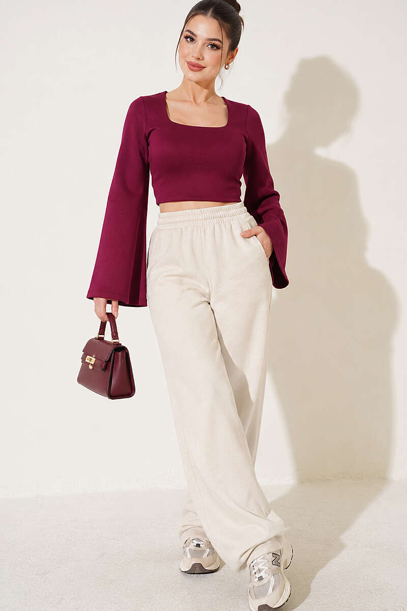 Square-Neck Wide-Sleeve Crop Top - Plum