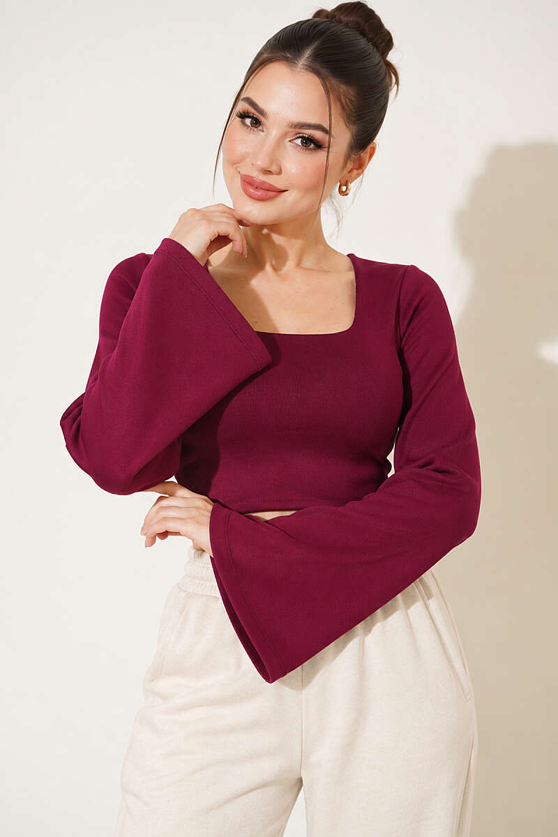 Square-Neck Wide-Sleeve Crop Top - Plum