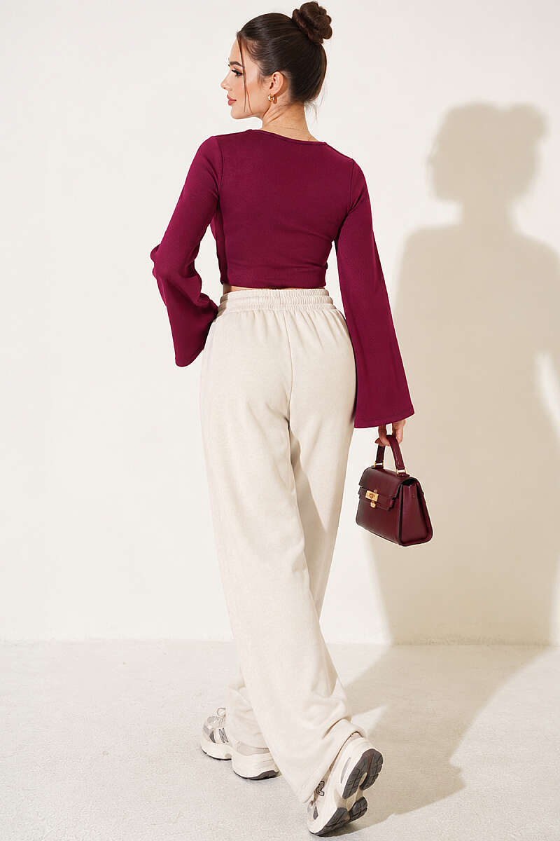 Square-Neck Wide-Sleeve Crop Top - Plum