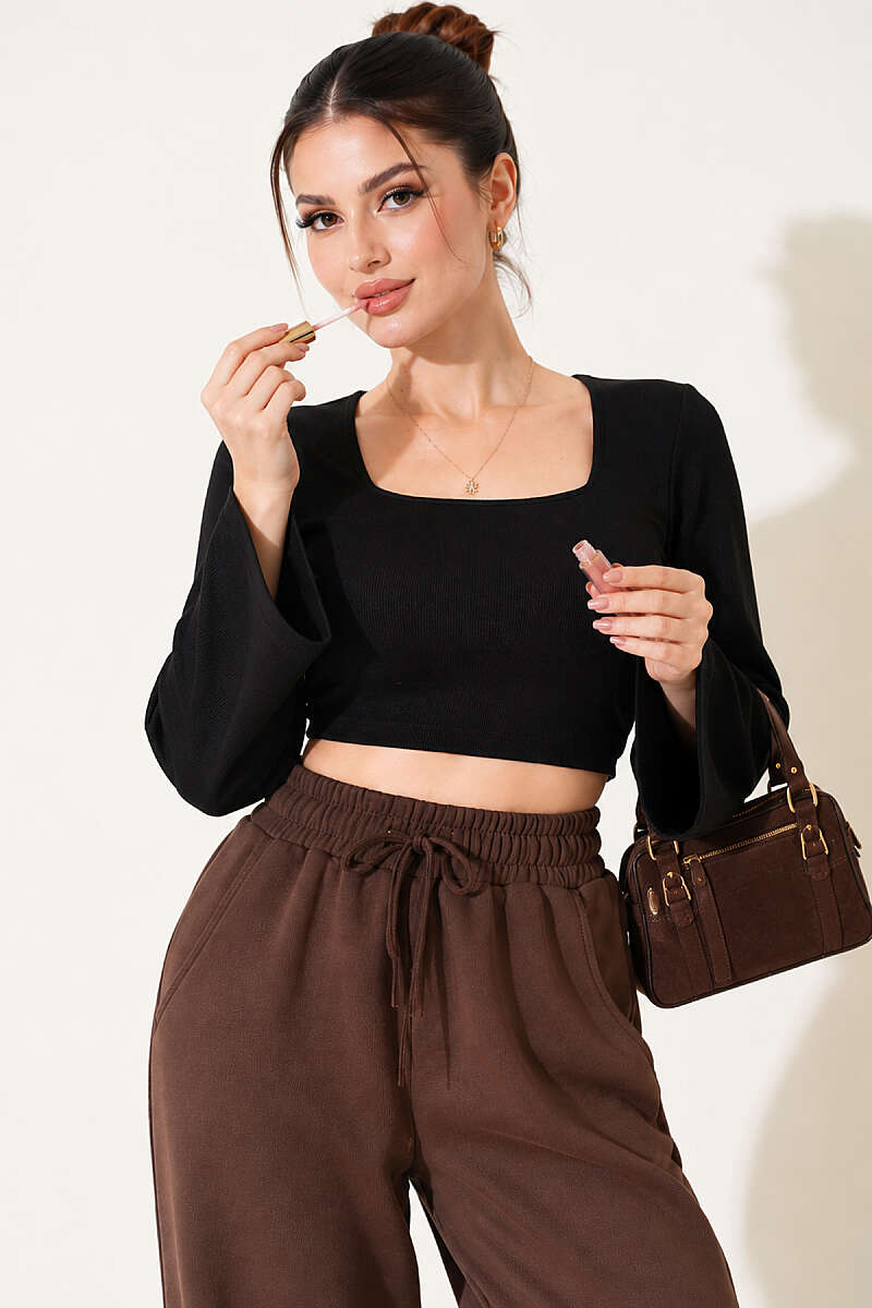 Square-Neck Wide-Sleeve Crop Top - Black