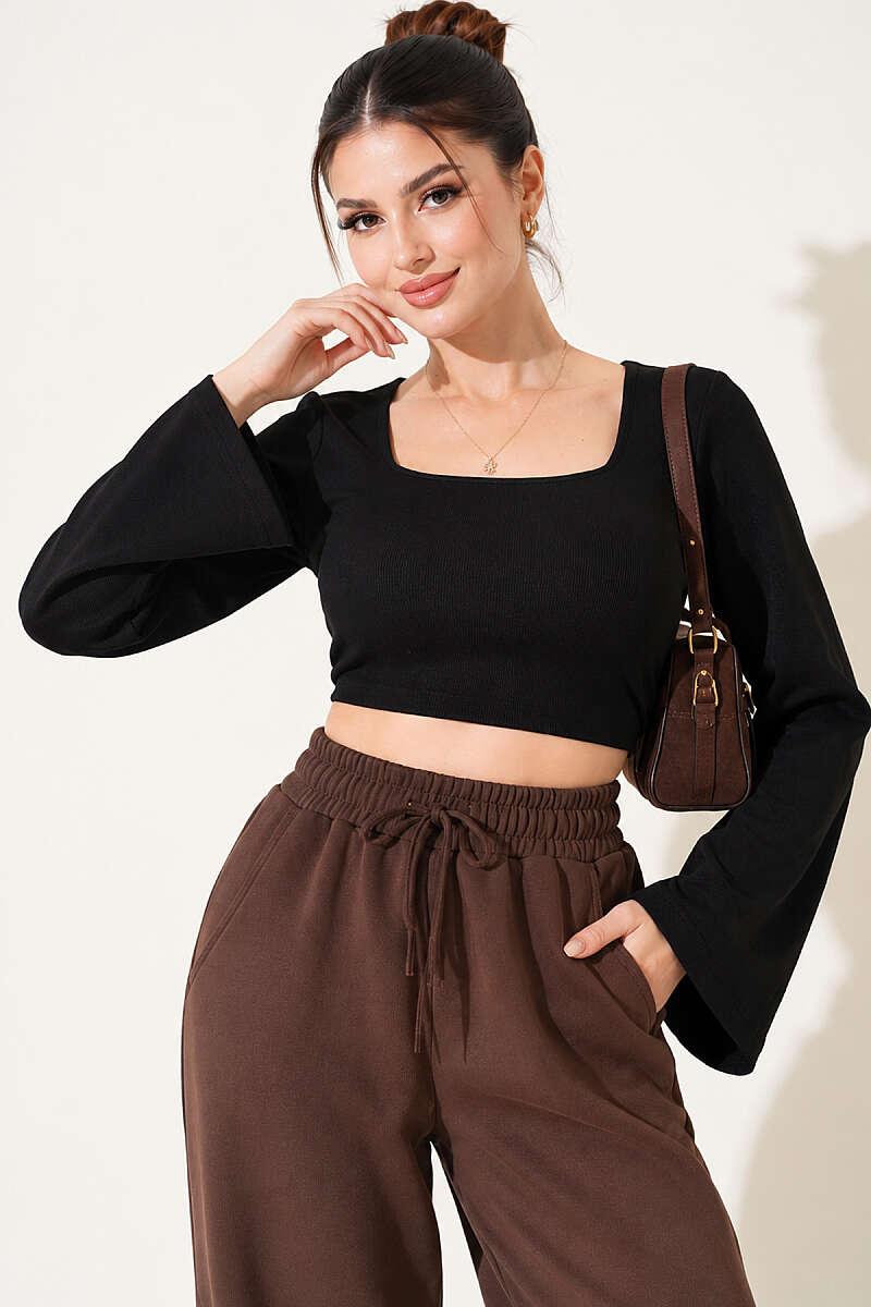 Square-Neck Wide-Sleeve Crop Top - Black