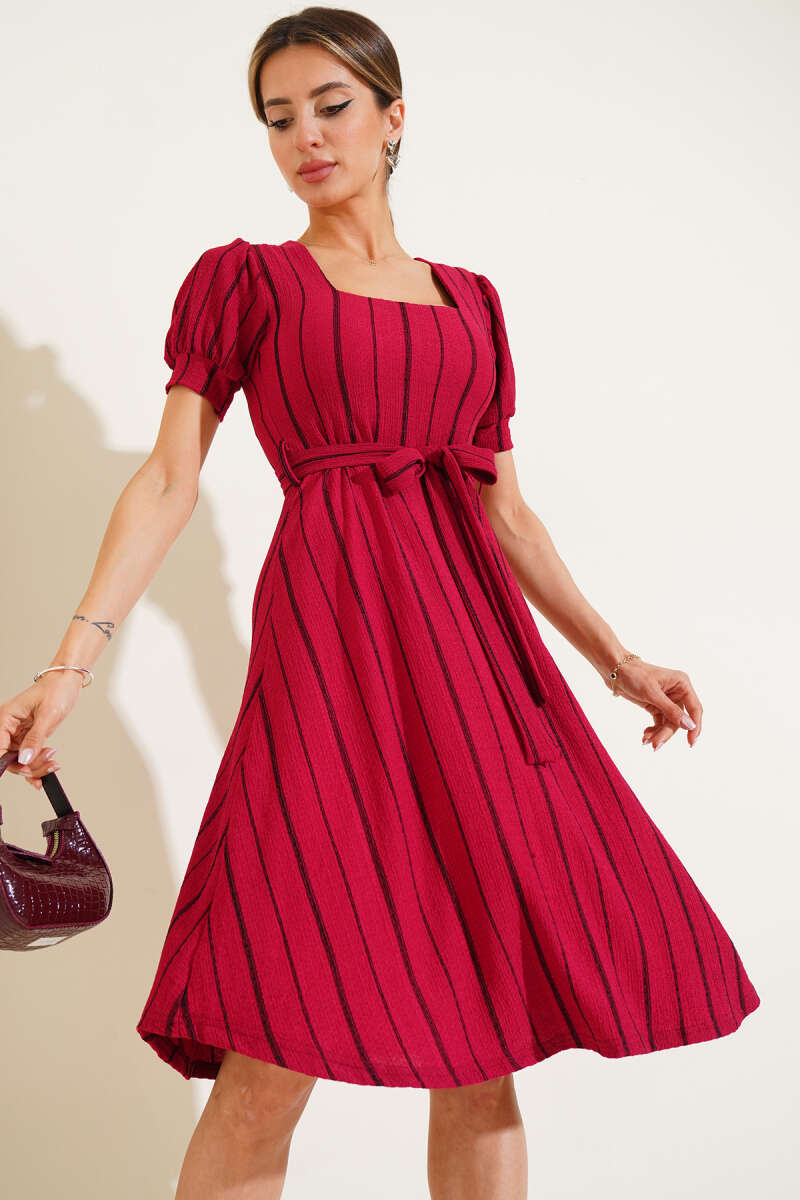 Sleeveless Square-Neck Striped Midi Dress - Cherry