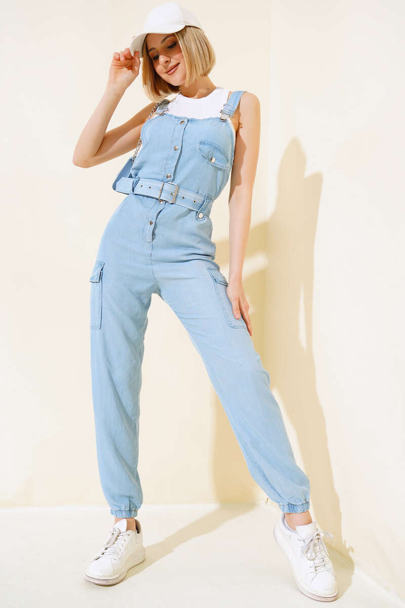 Strappy Cargo Jumpsuit - Light Blue