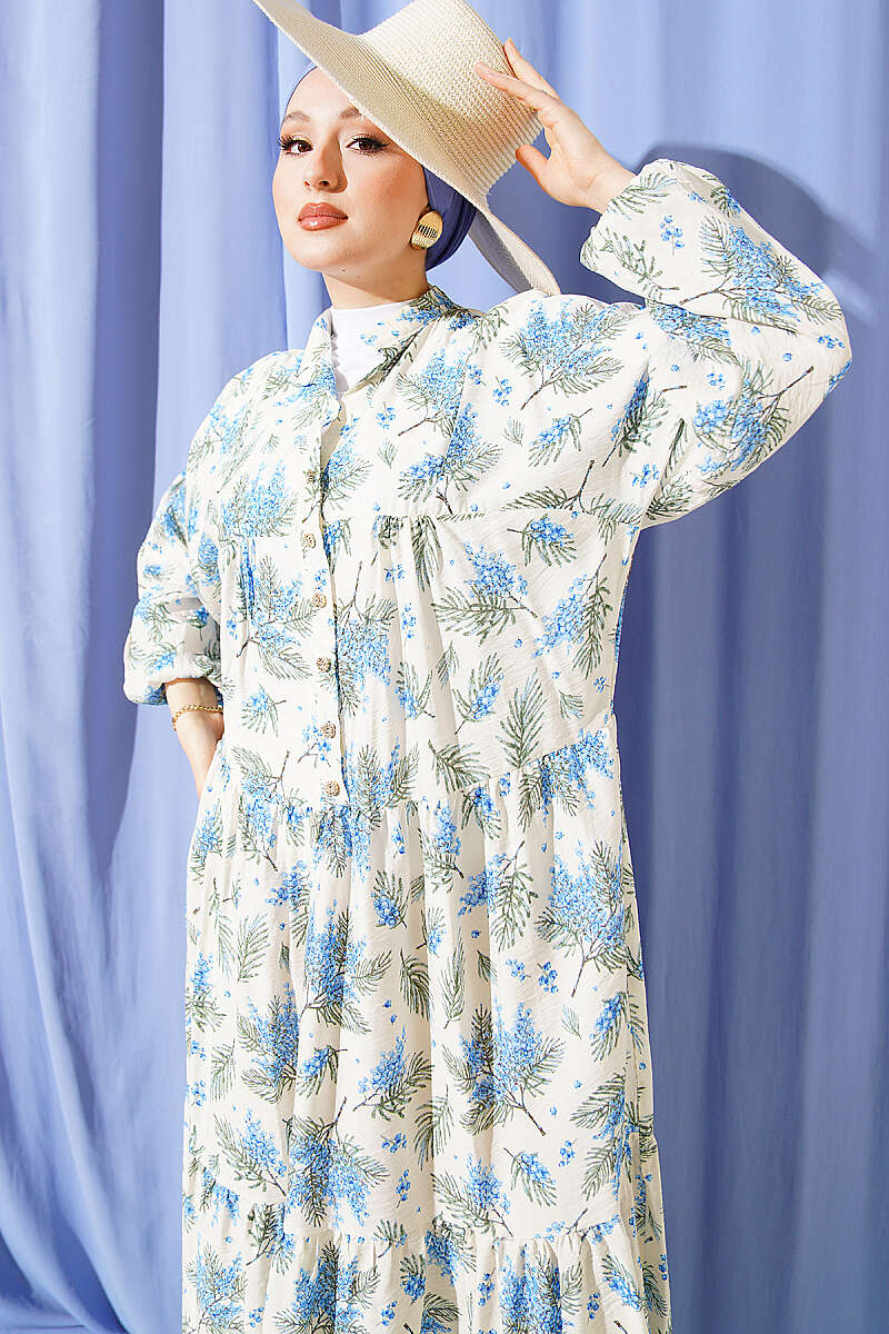 Mixed Print Dress with Stone Buttons - Multicolour 12