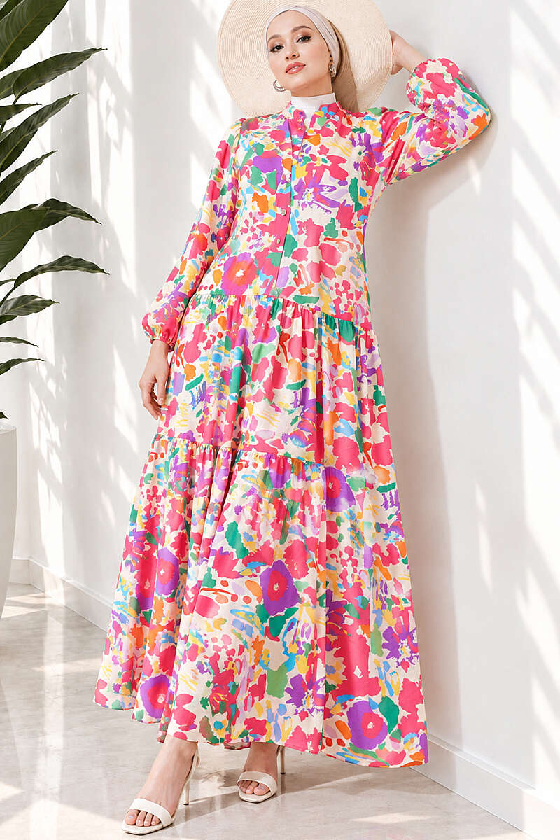 Mixed-Print Half-Button Viscose Dress - Fuchsia