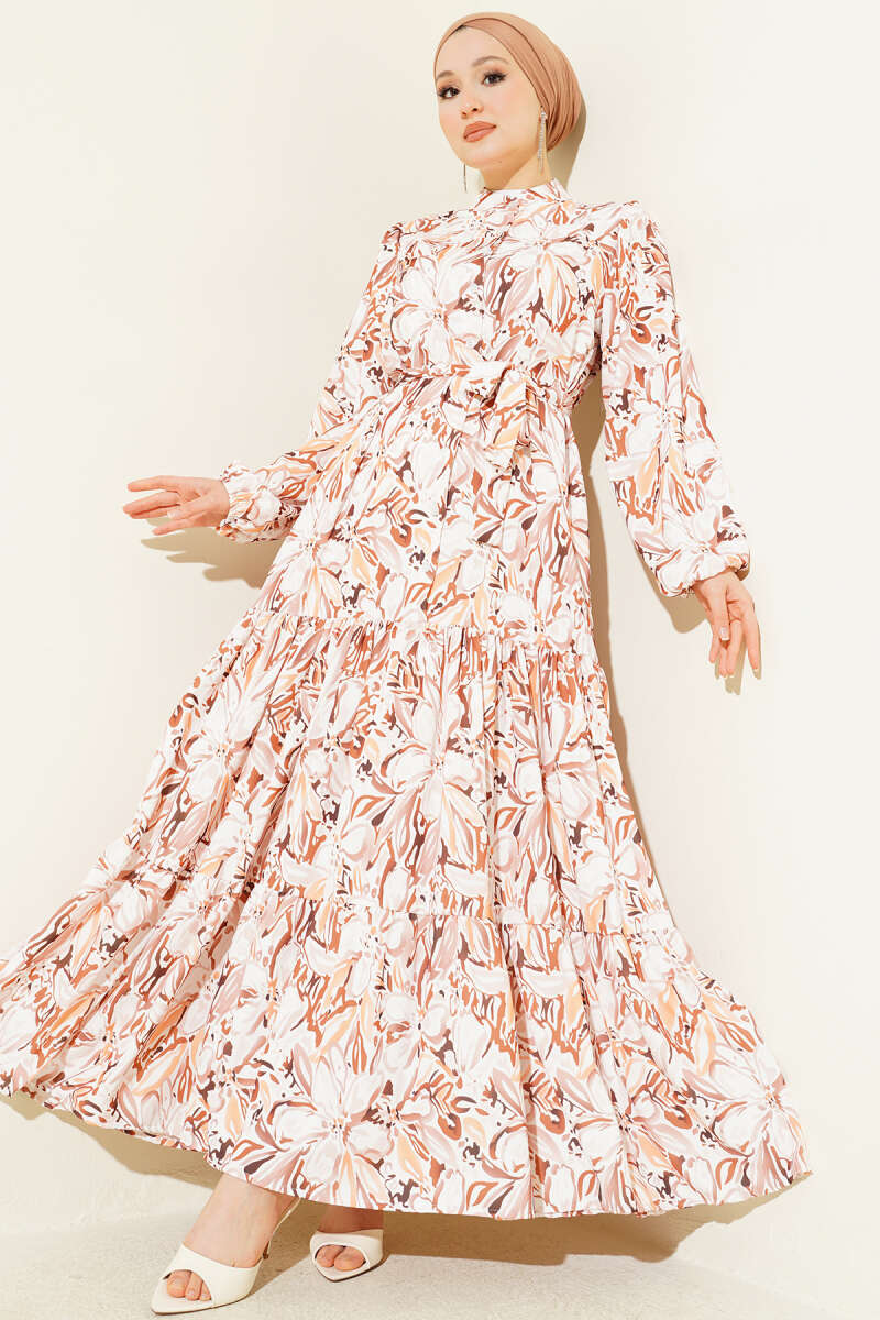 Belted Mixed-Print Button Dress - Brown