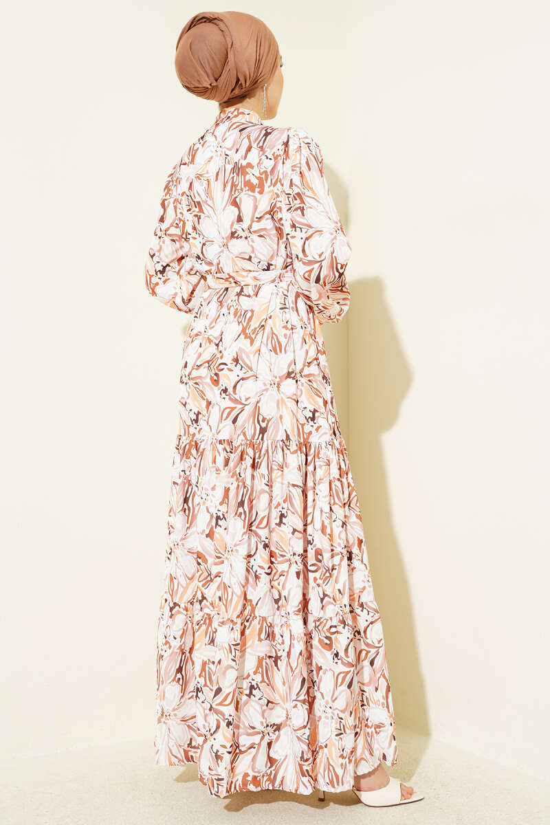 Belted Mixed-Print Button Dress - Brown