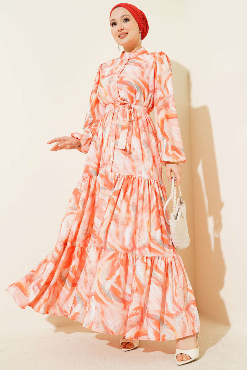 Belted Mixed-Print Button Dress - Orange