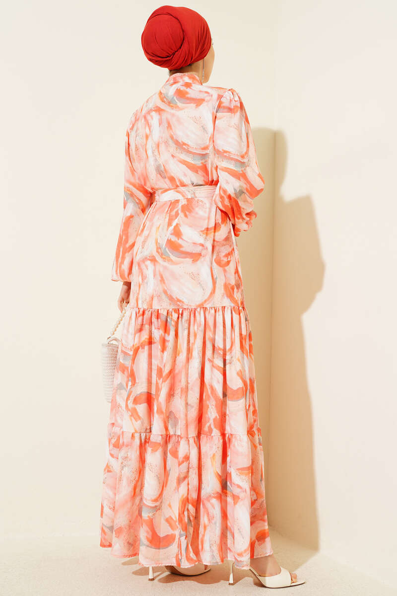 Belted Mixed-Print Button Dress - Orange