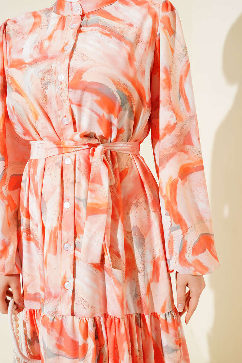 Belted Mixed-Print Button Dress - Orange