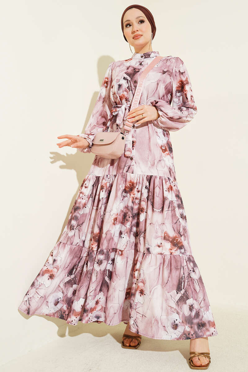 Belted Mixed-Print Button Dress - Powder