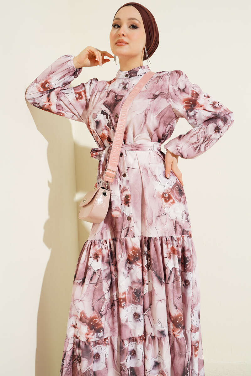 Belted Mixed-Print Button Dress - Powder