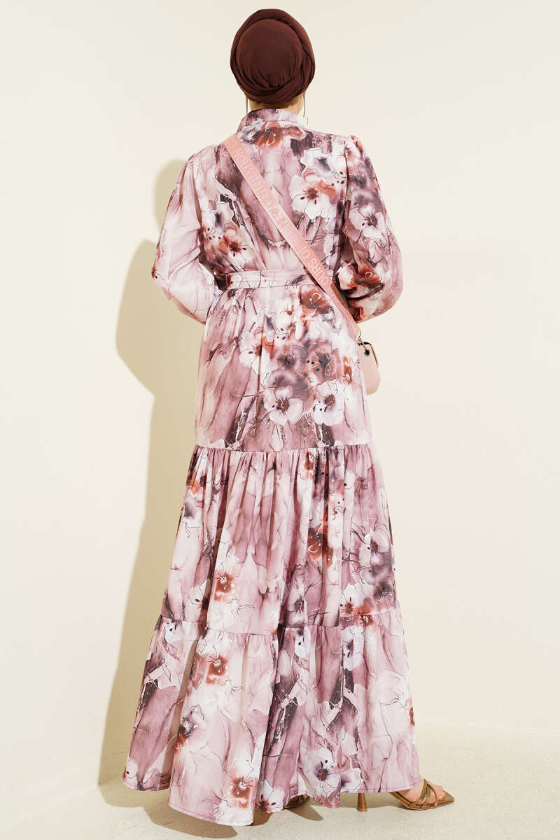 Belted Mixed-Print Button Dress - Powder