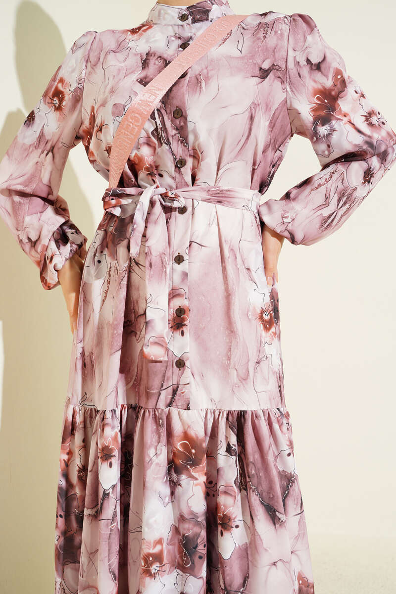 Belted Mixed-Print Button Dress - Powder