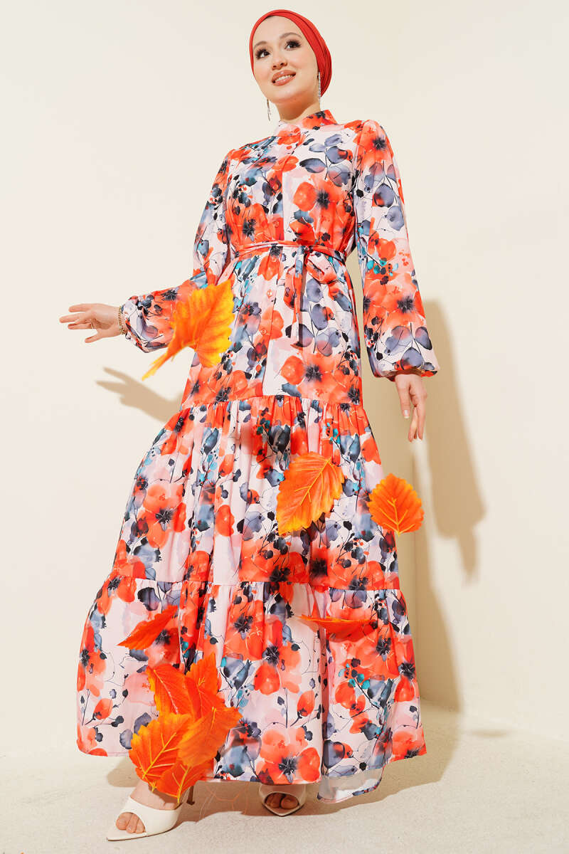 Belted Mixed-Print Button Dress - Salmon
