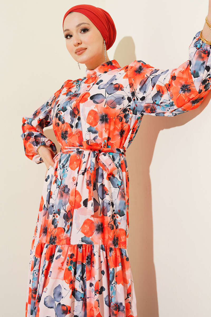 Belted Mixed-Print Button Dress - Salmon