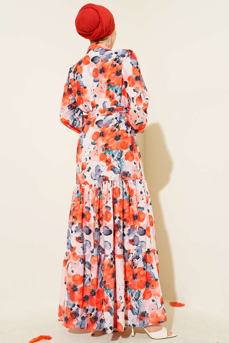 Belted Mixed-Print Button Dress - Salmon